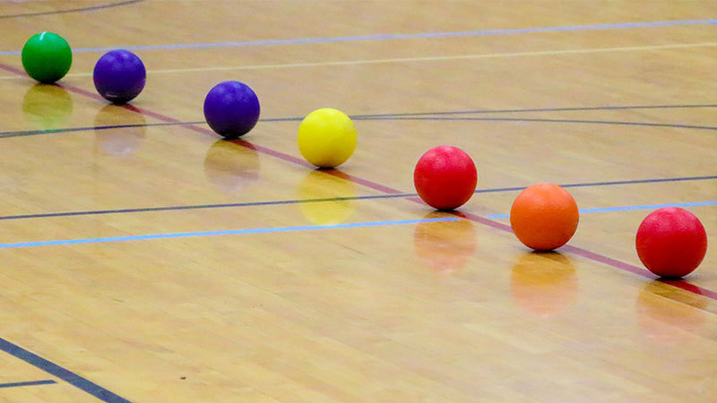 Dodgeballs lined up in gym